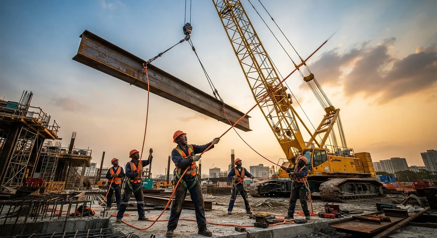 Steel beam lifted by a crane on a Construction Company site