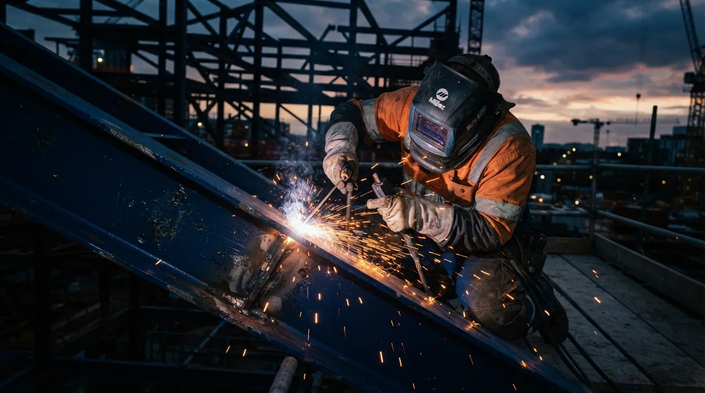 Welder cutting structural steel with sparks flying on a Construction Company site