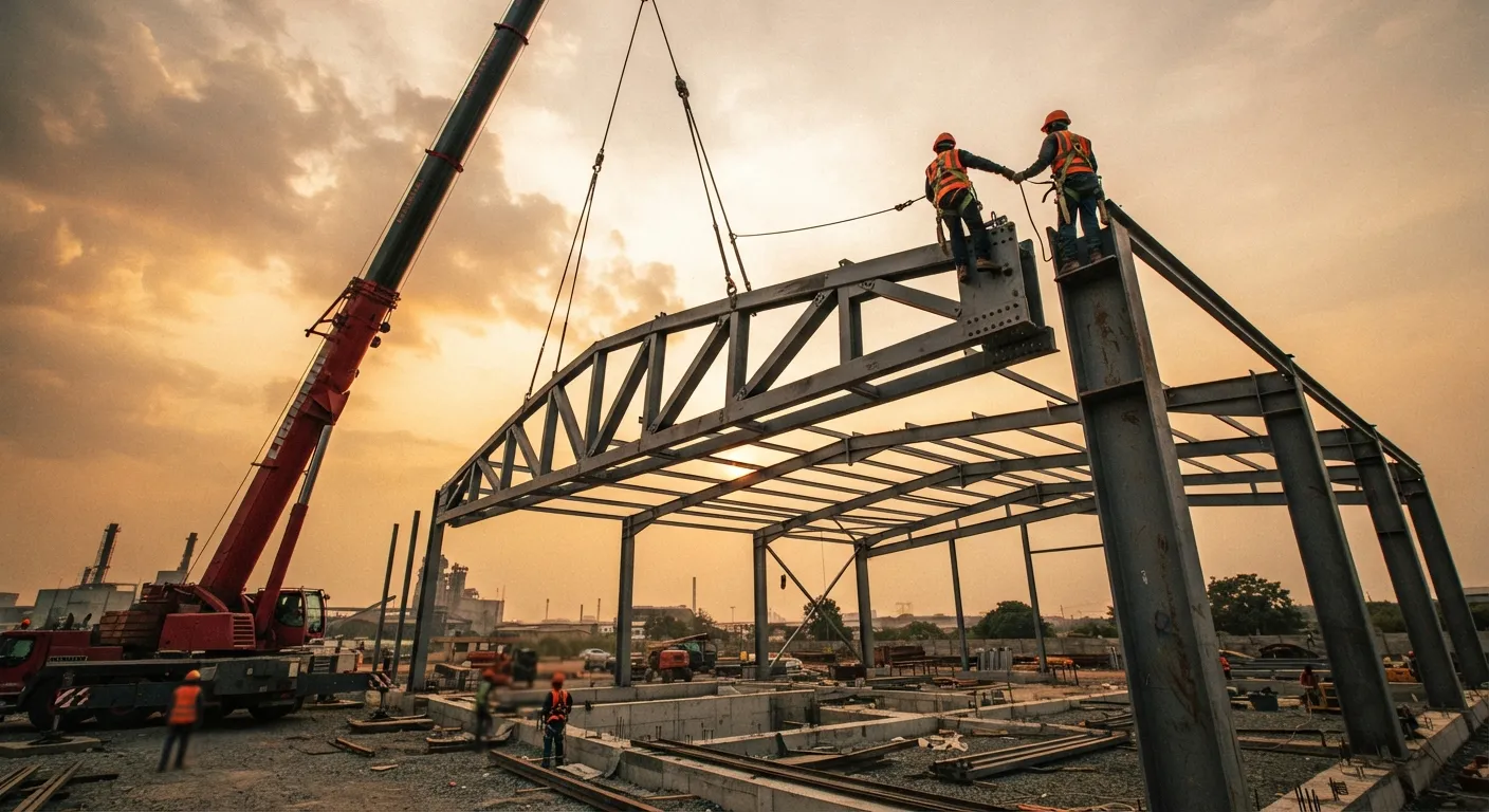 Steel erectors fixing a roof truss at sunset in Ruwa
