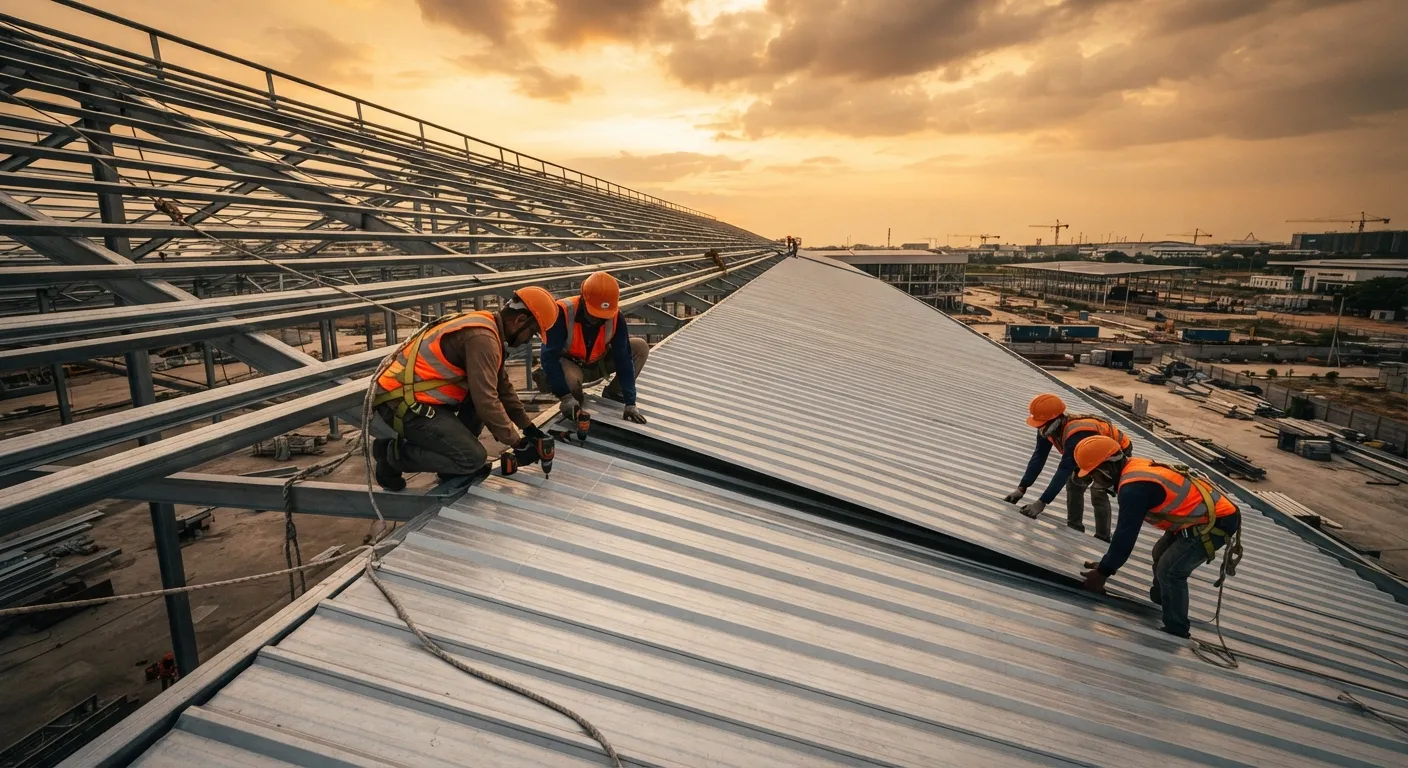 Roof sheeting being fixed to the warehouse frame